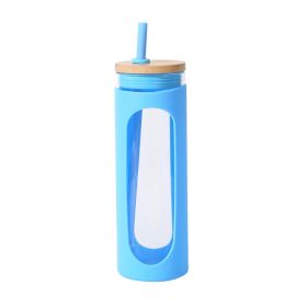 Glass Water Tumble w/Straw Silicone (Color: Blue, Capacity: 590ML)