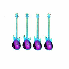 4Pcs Metal Guitar Spoon Flatware Set 18/10 Stainless Steel Guitar Spoons (Color: Rainbow 4 Pcs)