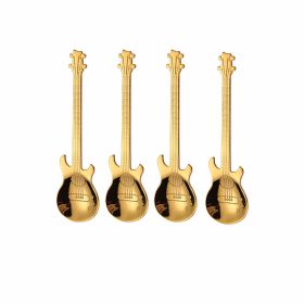 4Pcs Metal Guitar Spoon Flatware Set 18/10 Stainless Steel Guitar Spoons (Color: Golden 4 Pcs)