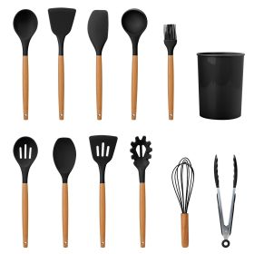 11Pcs Silicone Cooking Utensil Set Heat Resist Wooden Handle Silicone Spatula (Color: Black)