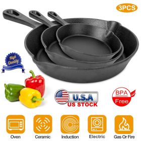 3Pcs Pre-Seasoned Cast Iron Skillet Set 6/8/10in (Color: as pic)