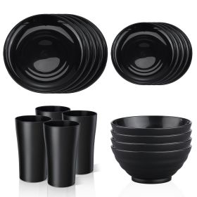 16-piece BPA-free black dinnerware set for 4; includes plates, salad plates, bowls, and cups. Unbreakable design (Pack: 1 Pack)